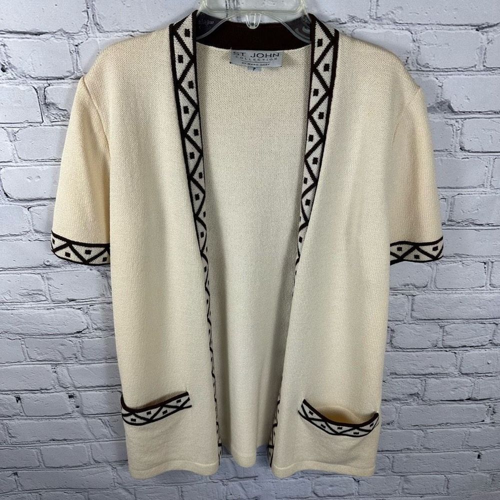 St. John Collection Santana Cream Knit Brown Edging Detail Open Front Cardigan P
